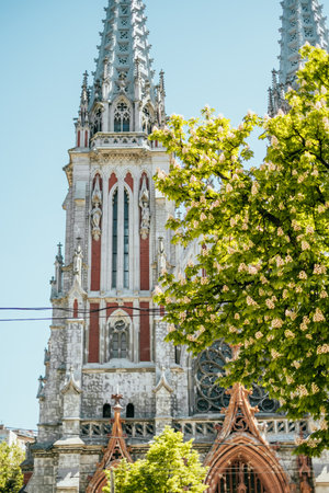 Kiev, Ukraine - May 19, 2019: facade of St. Nicholas Roman Catholic Cathedral in summer.のeditorial素材