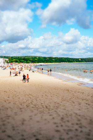 Sopot, Poland - July 5, 2019: tilt-shift effect applied of Baltic Sea beach in Sopot, Poland.のeditorial素材