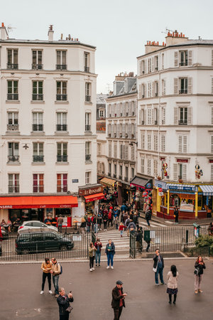Paris, France - April 9, 2019: beautiful streets of Monmartre, historical district of Paris.のeditorial素材