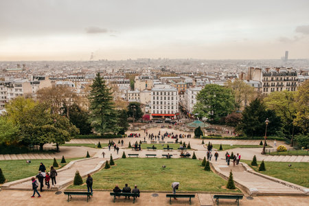 Paris, France - April 8, 2019: panoramic view of Paris from Basilique du Sacre-Coeur and Montmartre.のeditorial素材