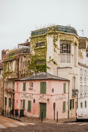 Paris, France - April 9, 2019: beautiful streets of Monmartre, historical district of Paris.のeditorial素材