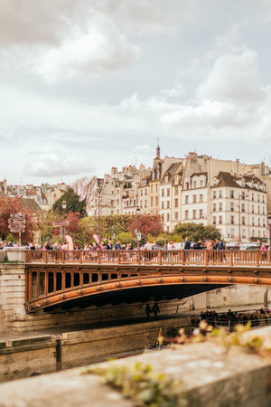 Paris, France - April 6, 2019: beautiful view on Pont au Double from Ile de la Cite.のeditorial素材