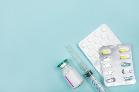 Flatlay with different flu prevention medical equipmentの写真素材
