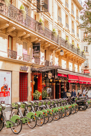 Rental bicycle parking on the streets of Parisのeditorial素材