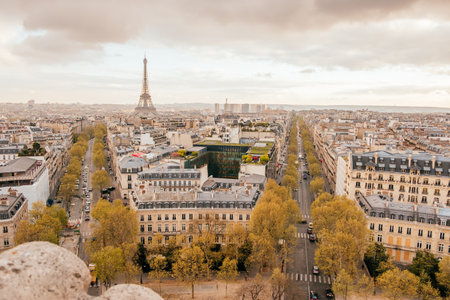 Paris, France - April 9, 2019: panoramic view from Arc de Triomphe on Eiffel Tower and Avenue des Champs Elysees.のeditorial素材