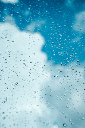 Rain drops on window pane glass surface with cloudy background.の写真素材