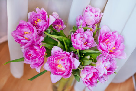 Beautiful magenta tulip flower bouquet on white background.の写真素材