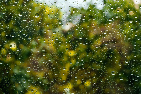 Rain drops on window pane glass surface with cloudy background.の写真素材