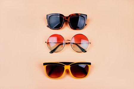 Summer fashion flatlay with three pairs of sunglasses isolated on beige background.の写真素材
