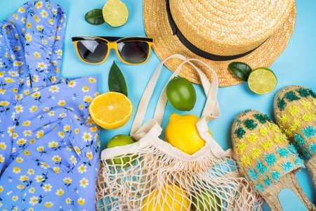 Summer fashion flatlay with printed dress, straw boater hat, espadrilles sandals, sunglasses and string mesh bag with lemons and lime isolated on blue background.の写真素材