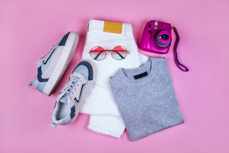 Summer fashion flatlay with white denim jeans, grey shiny t-shirt, blue sneakers, purple instant camera and round gradient sunglasses isolated on pink background.の写真素材