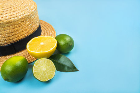 Summer fashion flatlay with straw boater hat, lemons and lime isolated on blue background.の写真素材