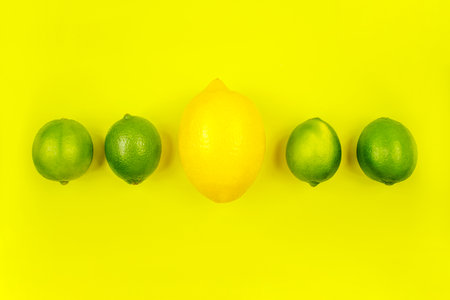 Bright summer citrus flatlay with lemons and limes isolated on yellow background.の写真素材