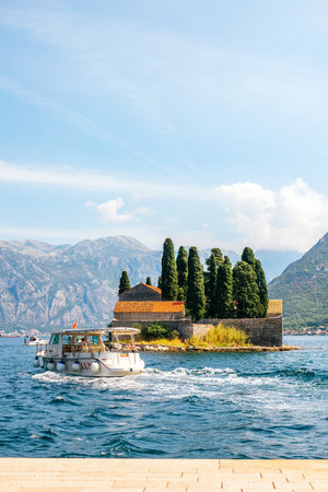 Perast, Montenegro - September 4, 2021: beautiful panorama of Catholic monastery of Saint George in Perast.のeditorial素材