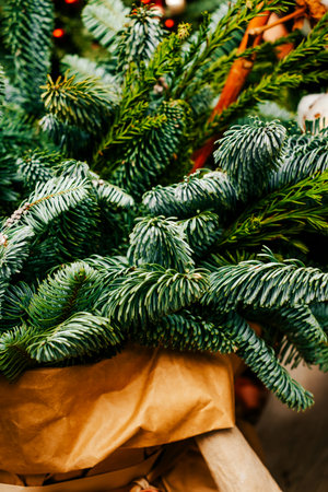 Christmas bouquet made with beautiful fir tree branches.の写真素材