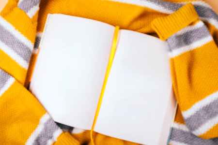 Trendy fall flatlay with yellow sweater and book.の写真素材