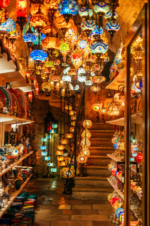 Kotor, Montenegro - September 4, 2021: a bunch of traditional turkish mosaic lamps at one of gift shops in Kotor old town.のeditorial素材