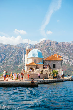 Perast, Montenegro - September 4, 2021: beautiful panorama of Catholic monastery Our Lady of the Rocks in Perast.のeditorial素材