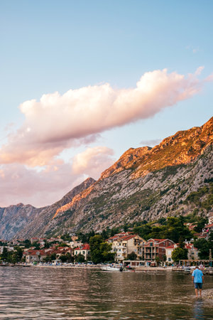 Kotor, Montenegro - September 1, 2021: Amazing clear water of the Bay of Kotor at sunrise.のeditorial素材