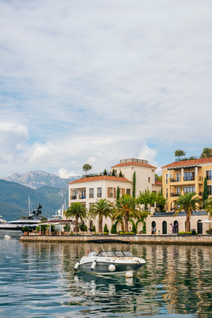 Tivat, Montenegro - September 5, 2021: beautiful panorama of an exclusive marina and yachting paradise in Porto Montenegro.のeditorial素材