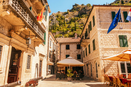 Kotor, Montenegro - September 2, 2021: exterior of beautiful medieval house of Kotor old town.のeditorial素材