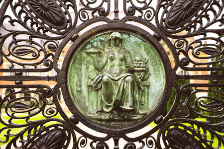 The Hague, Netherlands - April 05, 2022: Imposing carved gates Peace Palace in the Hague, the temple of Peace and Justice.のeditorial素材