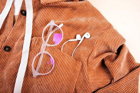 Trendy fall fashion flatlay with hoodie, brown corduroy shirt, earphones and glasses isolated on beige background.の写真素材