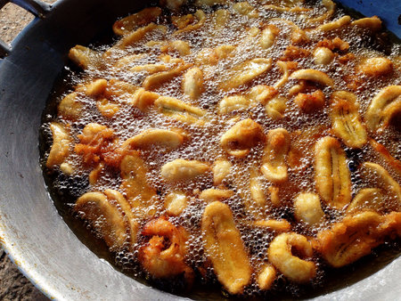 Banana chips in pan  Thai Foodの素材