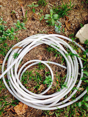 Hose watering on the ground in the gardenの素材