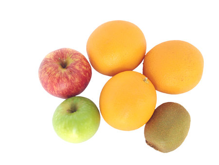 Delicious organic fruits on white background. Orange, Green apple, Red apple and kiwiの写真素材