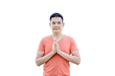 Sawasdee, The man show welcomed Thailand Culture on white backgroundの写真素材