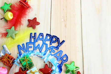 new year decor on wooden background with space for textの写真素材