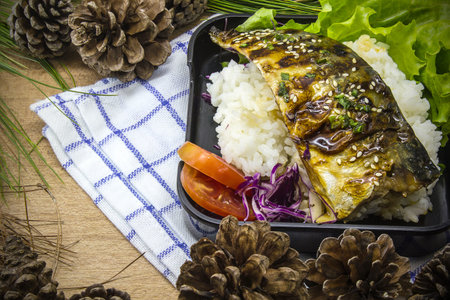 Special dinner with grill saba and rice / Saba rice on beautiful decoration backgroundの写真素材