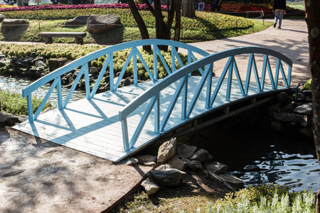 Beautiful small wooden bridge in the flower gardenの写真素材
