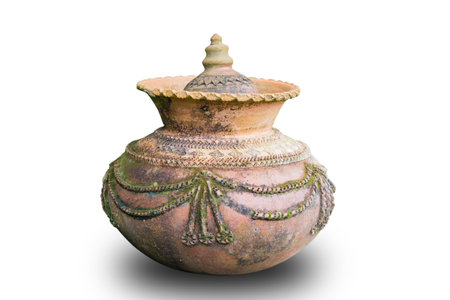 Thai native old pottery isolated on white background. Clipping pathの写真素材