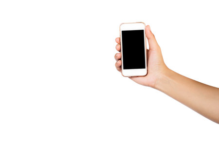 A hand holding touch screen tablet or smartphone screen isolated on white background. Clipping path.の写真素材