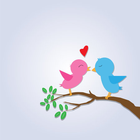 Romantic two birds on tree branch and leafs with hearts. Vector illustration eps10.のイラスト素材