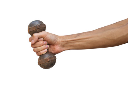 A man hand holding weight isolated on white background with clipping path.の写真素材