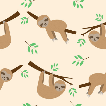 Cute seamless pattern sloths cartoon sleeping and hanging on tree branch background. Vector illustration.のイラスト素材