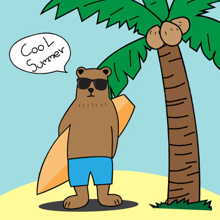 Design of cute bear cartoon surfer summer concept with coconut tree and sand background.のイラスト素材