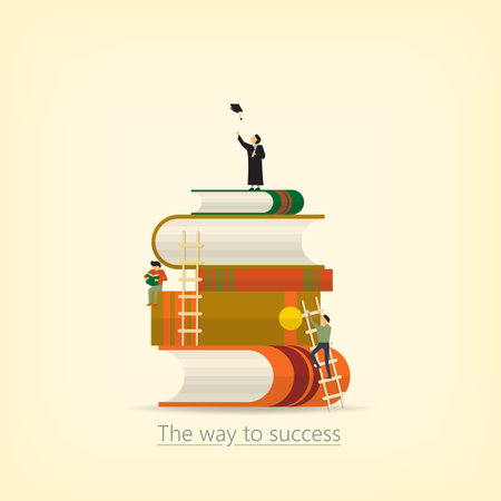 Back to school, Book concept the way to success. The book stacked up and a miniature man climbing to reach its peak is graduated. Flat design.のイラスト素材