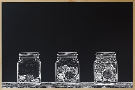 Investment or saving concept. Black chalkboard with tree glass jar and stacked coins in three step with chalk brush style design. Copy space.の写真素材