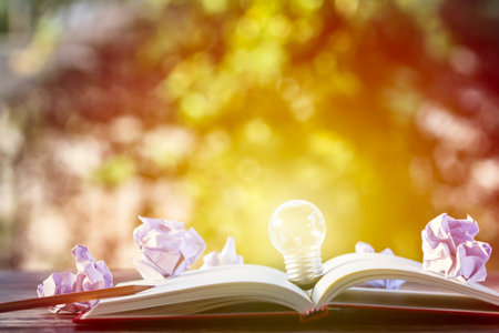 Creative thinking, idea, business concept : Light bulb put on open notebook with crumpled papers and pencil on wooden table with green nature as background. Conceptual business thinking and copy spaceの写真素材
