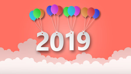 Happy new year 2019 creative illustration paper cut style. 2019 paper cut hanging at colorful...