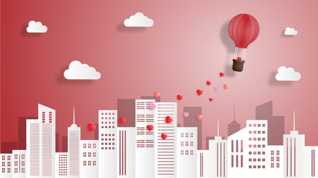 Creative valentines day background vector illustration paper cut style. Hot air balloon flying over cityscape with heart float and clouds on the sky for wallpaper, sale offer, web banner, poster.のイラスト素材