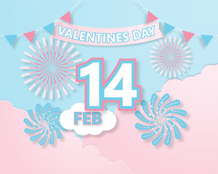 Creative colorful invitation card Valentine's day vector illustration paper cut style. Origami firework with flags and text on the sky. Pastel color. Banners template. Brochure. Flyer. Poster.のイラスト素材