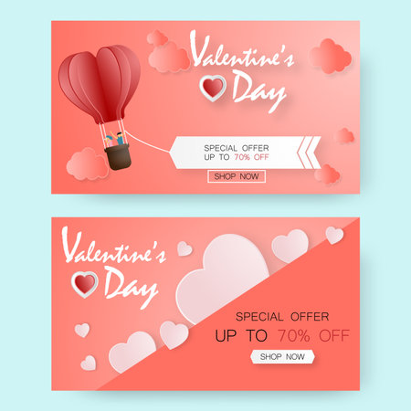 Creative valentine's day sale vector illustration paper cut. greeting card. Banner template elegant background. Gift card. Posters. Brochure advertising. Selling. Sale flyer layout. color trend 2019.のイラスト素材