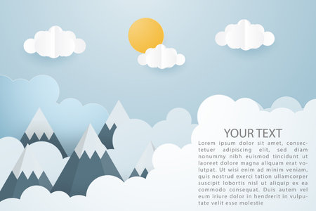 Creative vector illustration of mountain landscape with sun and clouds paper cut style. Sunrise and sunset over mountains. Digital art paper craft. Wallpaper. Banner. Brochure. Beautiful mountain.のイラスト素材