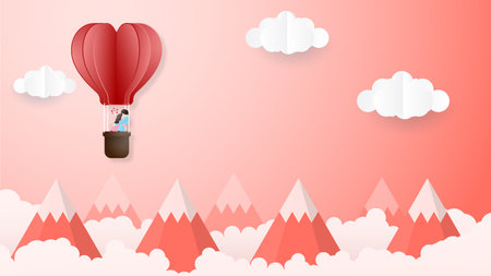 Creative of love valentines day concept. Love couple hug in origami hot air balloon flying over mountains and cloud background. Vector illustration invitation card Valentine's day paper cut style.のイラスト素材