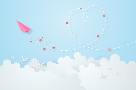 Creative valentine day concepts. Paper plane paper cut flying like a heart shape on the sky background. Digital paper art style. Wall paper. Invitation card. Banner. Brochure. Flyer. Website template.のイラスト素材